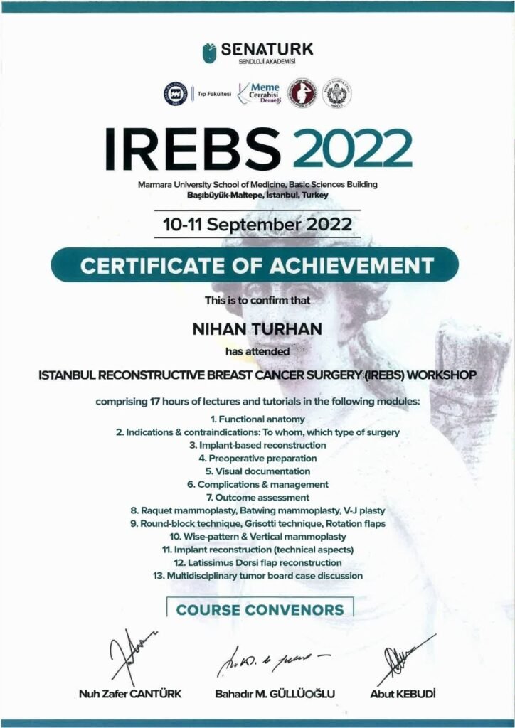 IREBS 2022 İstanbul Rekonstrüktif Meme Kanseri Cerrahisi Çalıştayı Başarı Belgesi - Nihan Turhan
