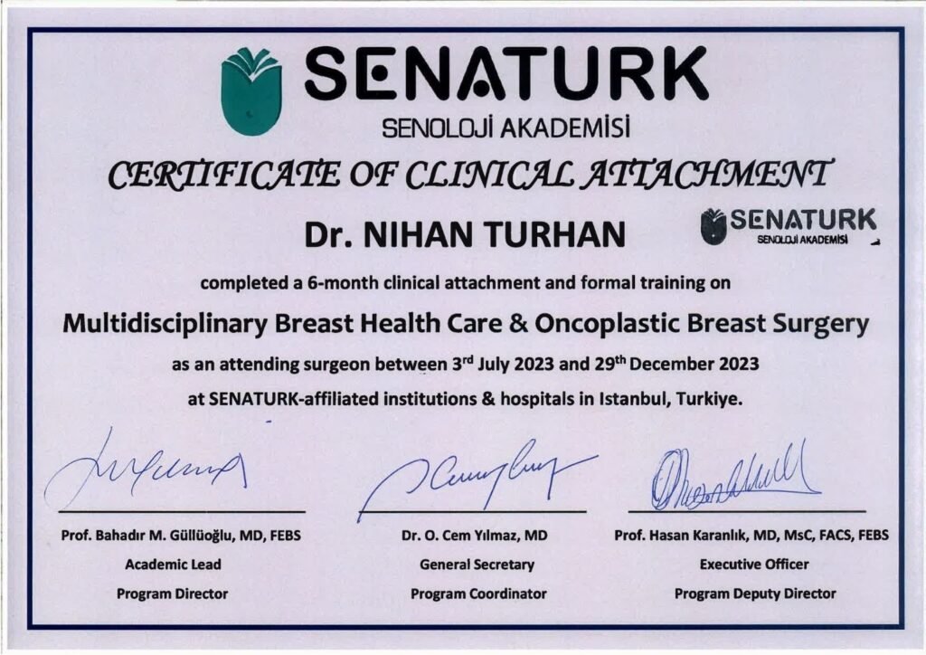 SENATURK Onkoplastik Meme Cerrahisi ve Multidisipliner Meme Sağlığı Klinik Eğitim Sertifikası - Dr. Nihan Turhan