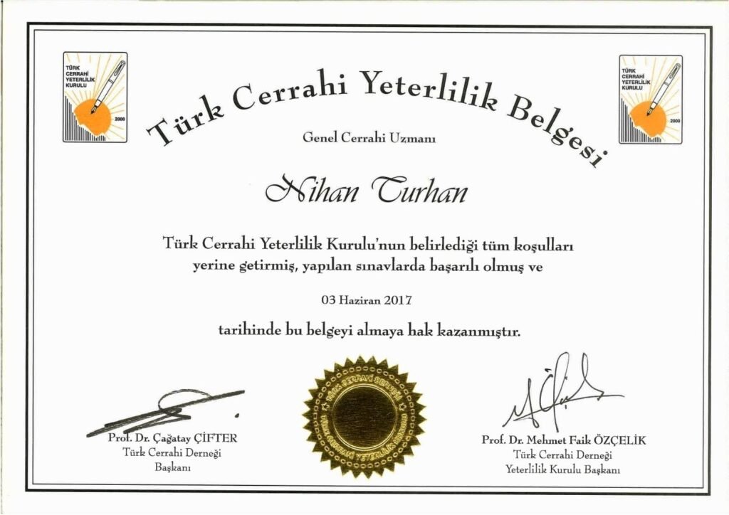 Türk Cerrahi Yeterlilik Belgesi - Nihan Turhan Genel Cerrahi Uzmanı